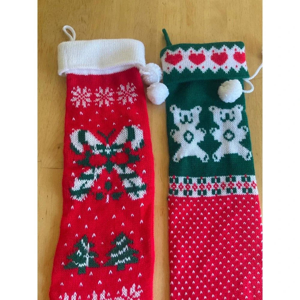 Vintage Knit Christmas Stockings Set 2 Teddy Bear Candy Cane Red Green Pom Poms